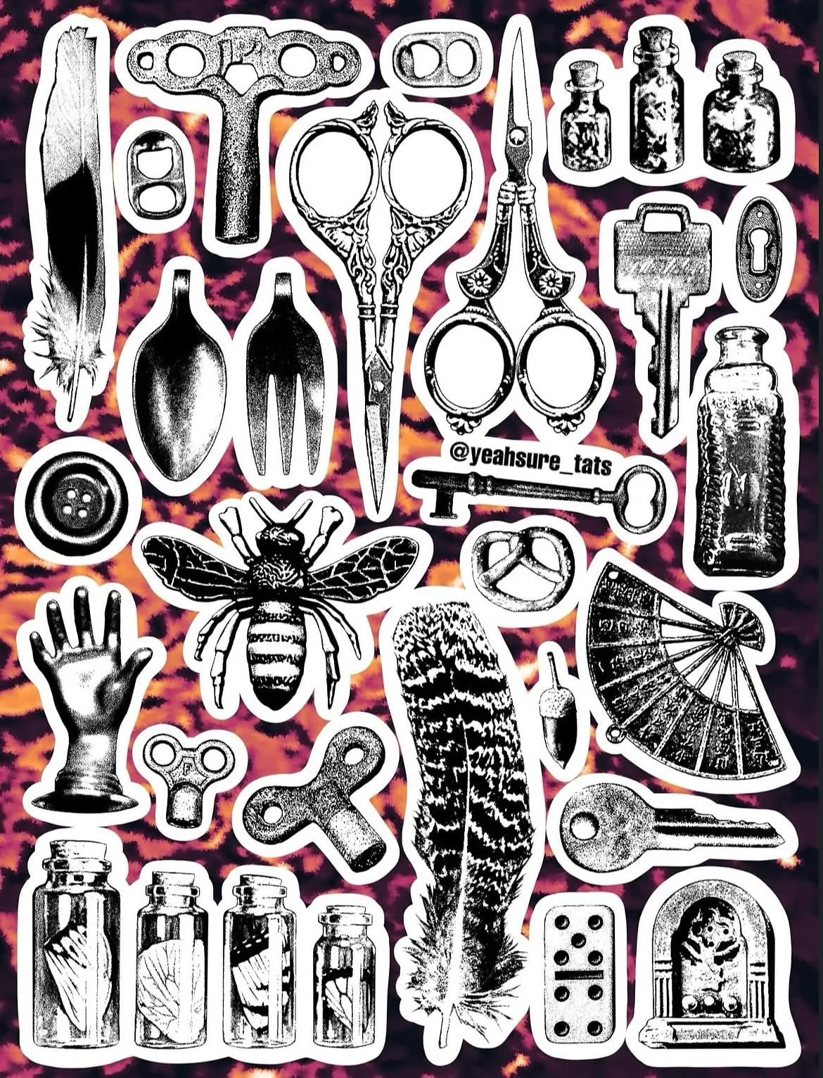 Black and white curios flash sheet by El Yeah Sure Wolf & Dagger Tattoo Hove