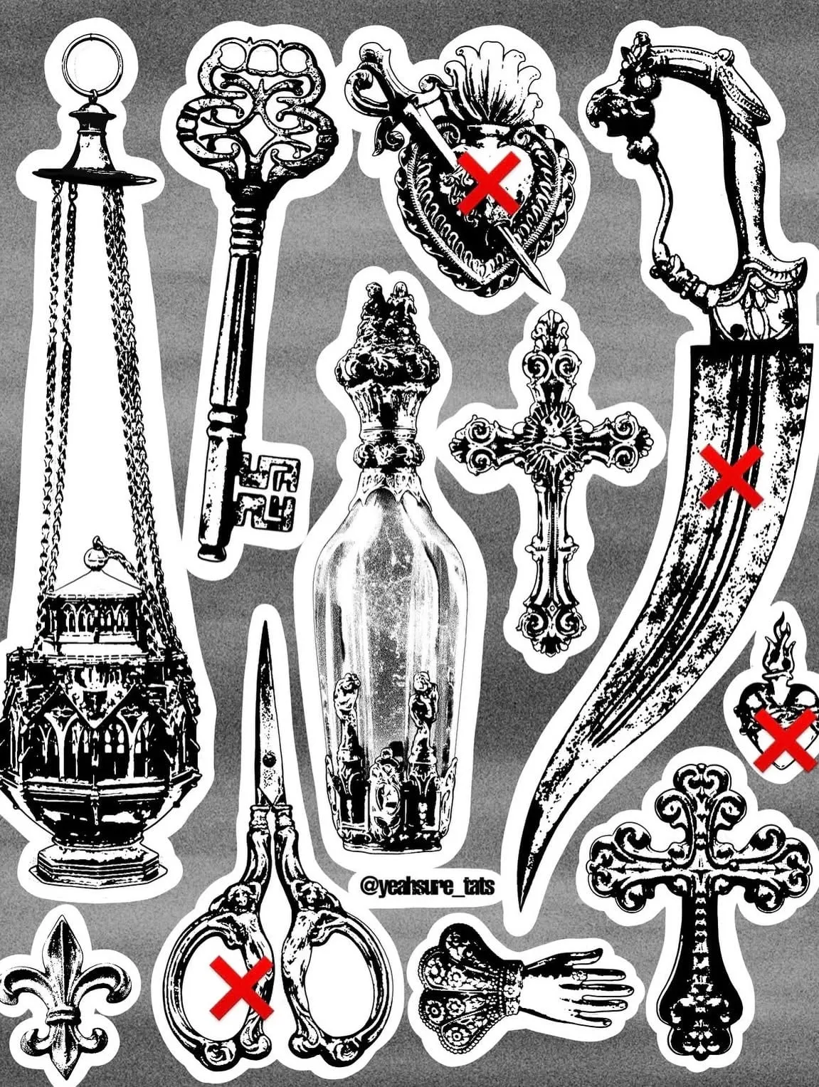 Keys and bottles flash sheet by El Yeah Sure Wolf & Dagger Tattoo Hove