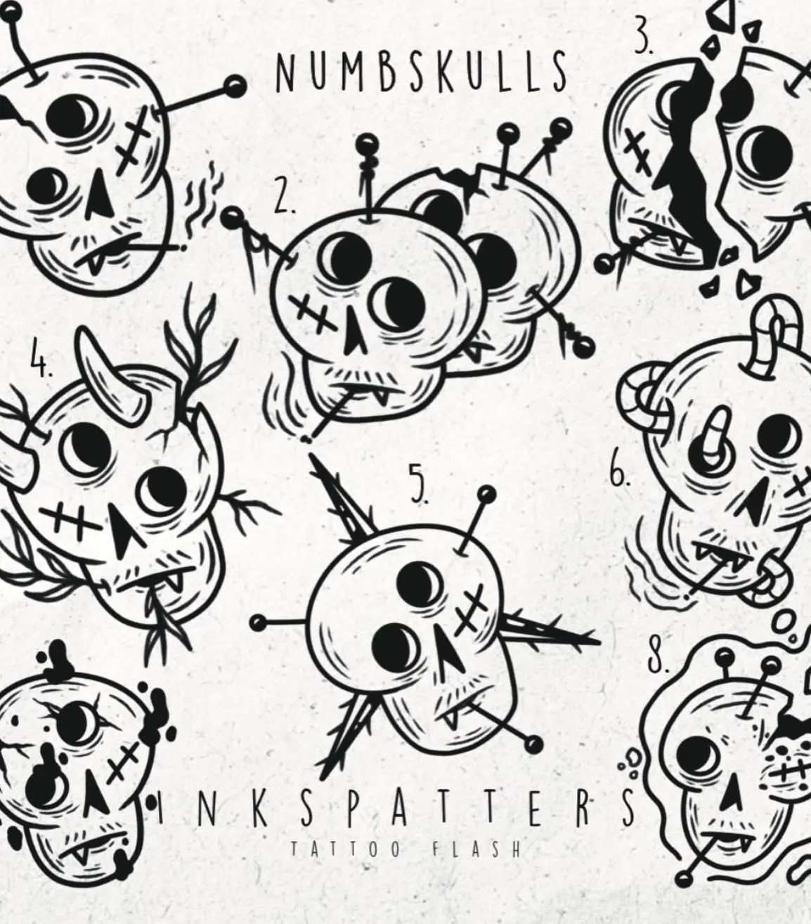 Numbskulls skull flash sheet by Inkspatters Wolf & Dagger Tattoo Hove