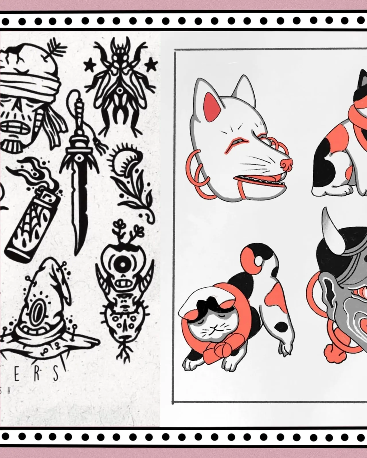 Japanese kitsune mask and cat flash sheet Wolf & Dagger Tattoo Hove