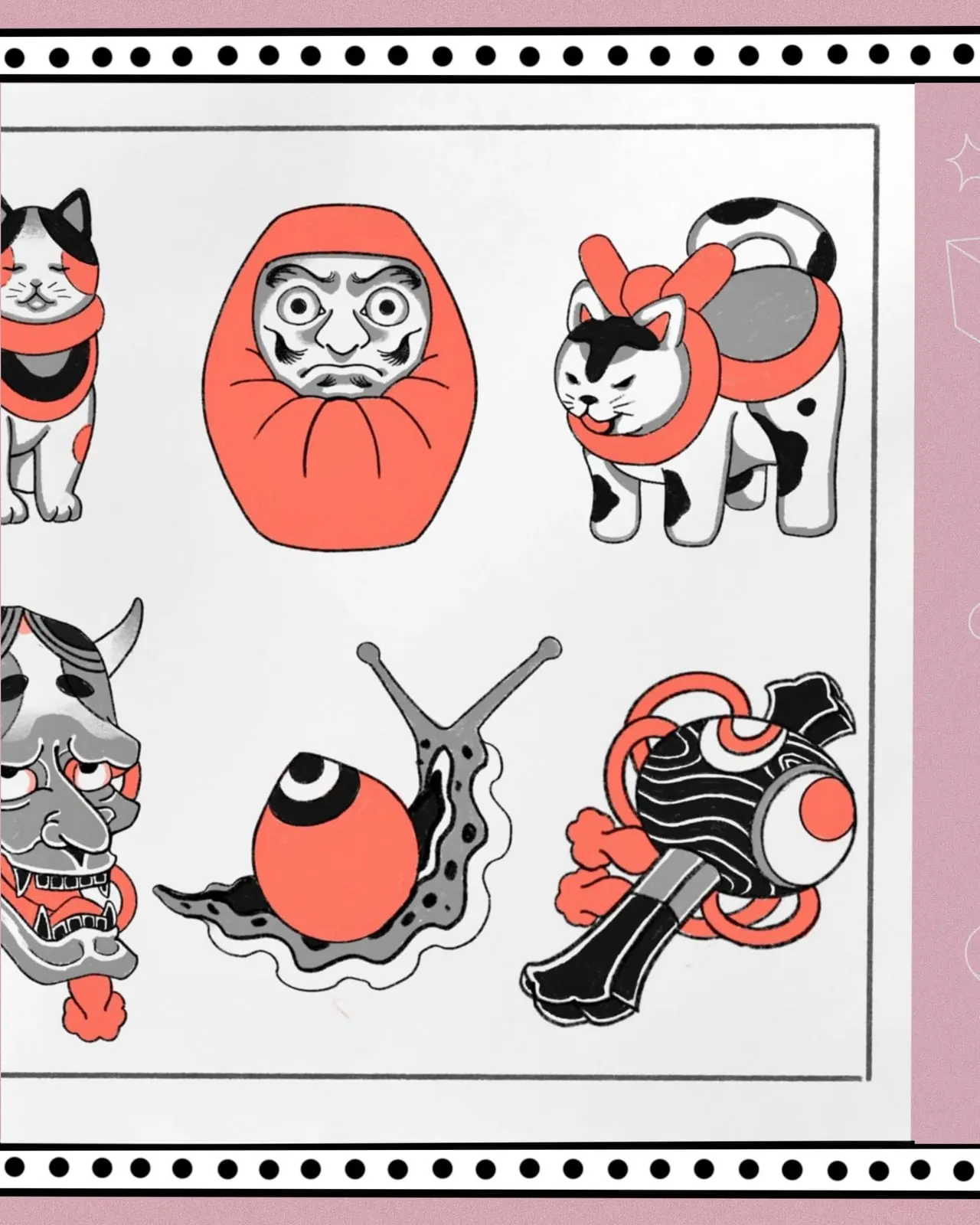 Japanese daruma and lucky cat flash sheet Wolf & Dagger Tattoo Hove