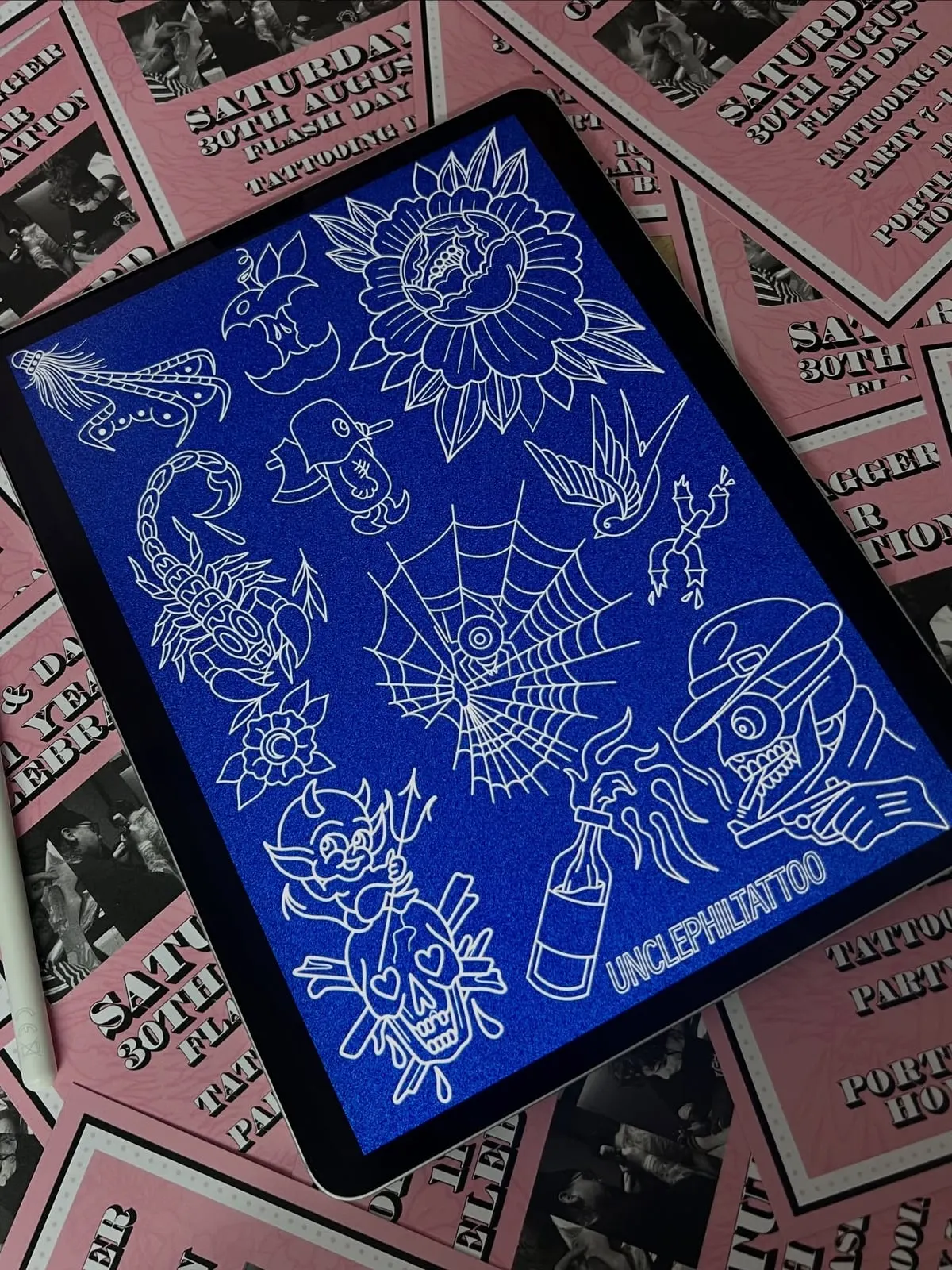 Blue paper traditional flash sheet by Uncle Phil Wolf & Dagger Tattoo Hove