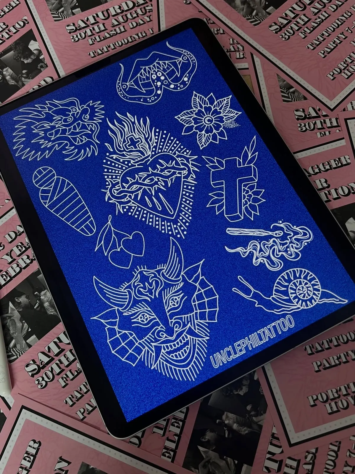 Second blue paper traditional flash sheet by Uncle Phil Wolf & Dagger Tattoo Hove