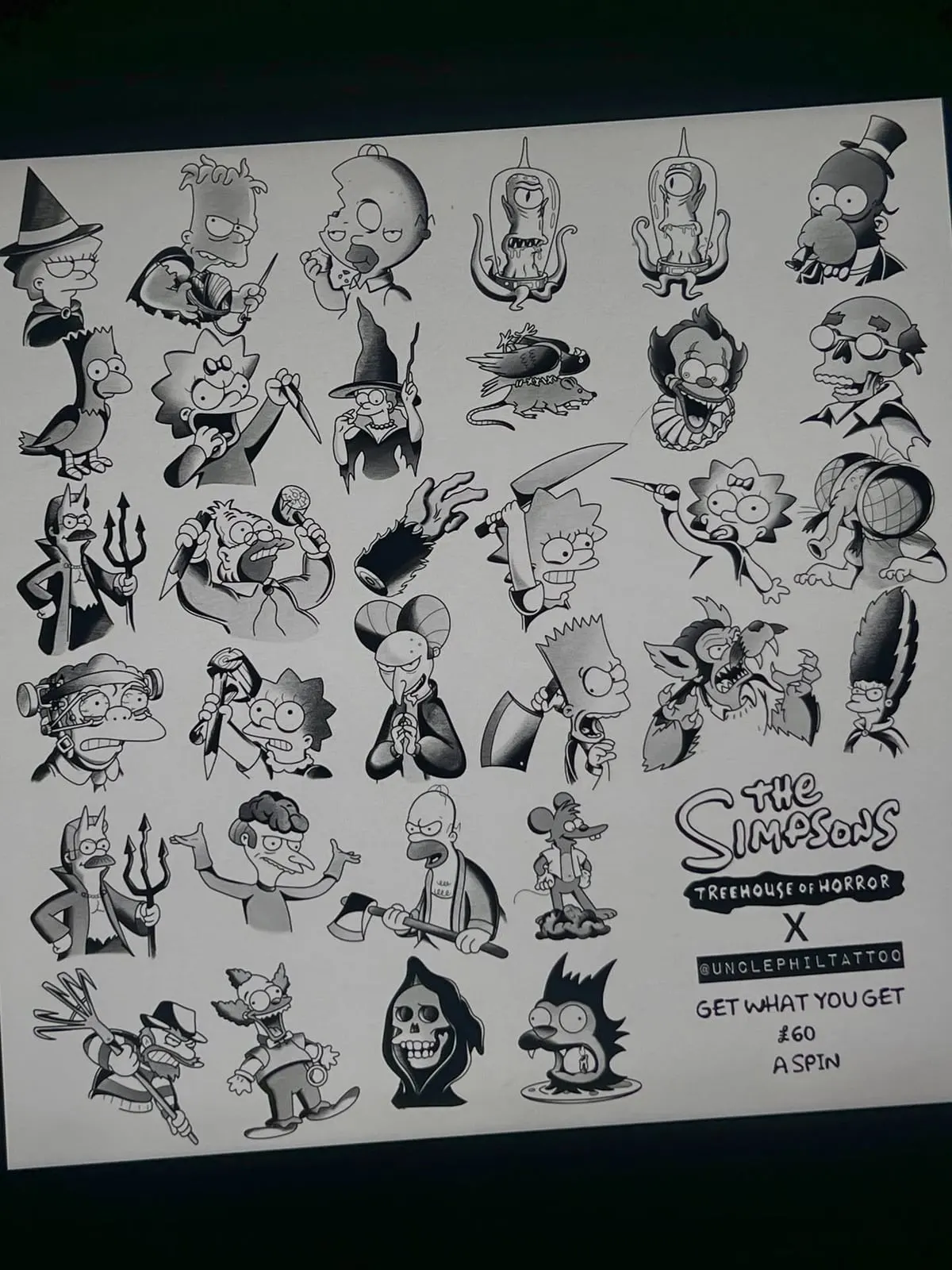 Simpsons themed flash sheet by Uncle Phil Wolf & Dagger Tattoo Hove