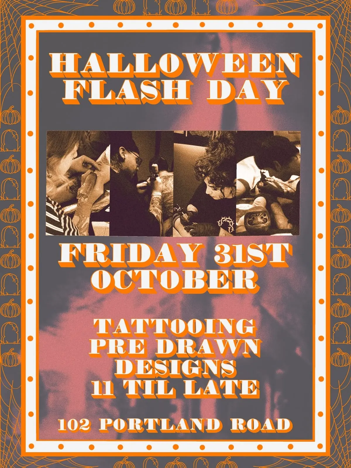Poster for the Wolf & Dagger Halloween flash day at 102 Portland Road Hove